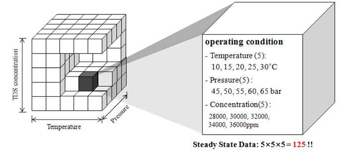 온도, 압력, 농도에 따른 다양한 유입수 및 운전 조건의 구조도