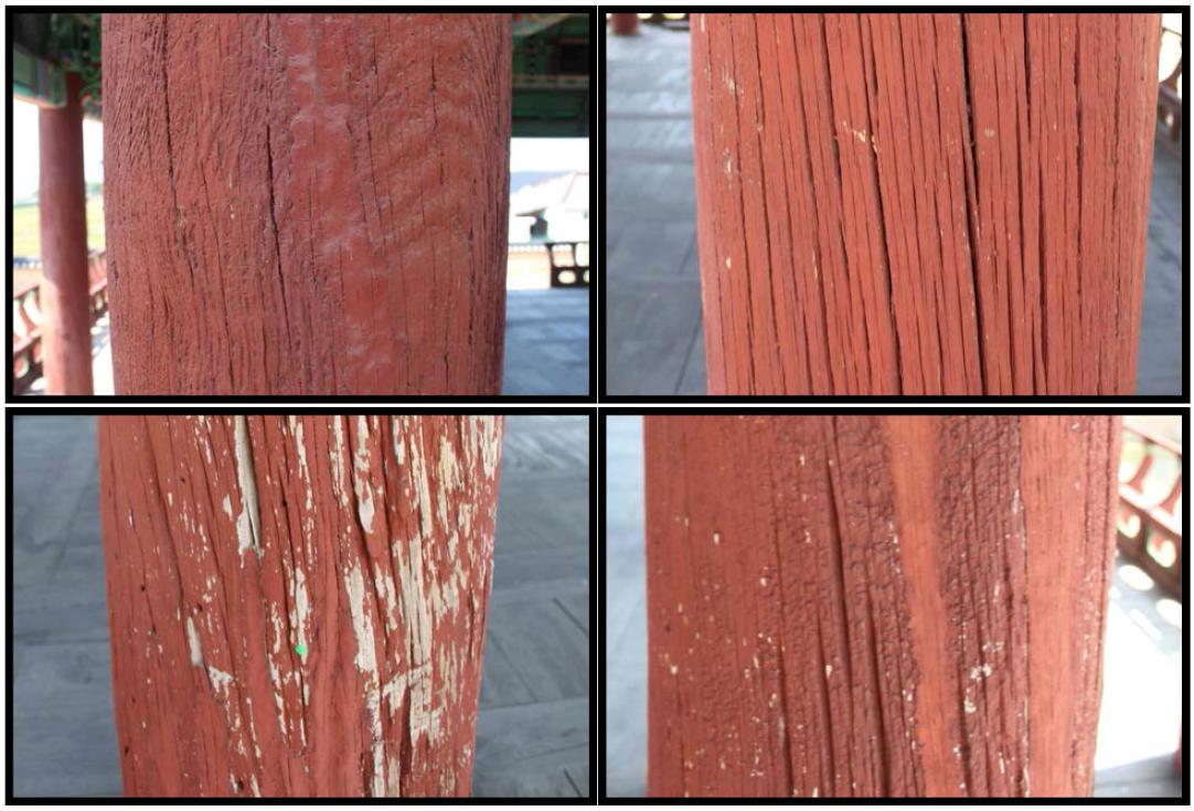 Before flame retardant on pillars of Pihyangjeong Pavilion(up: front, down: back).
