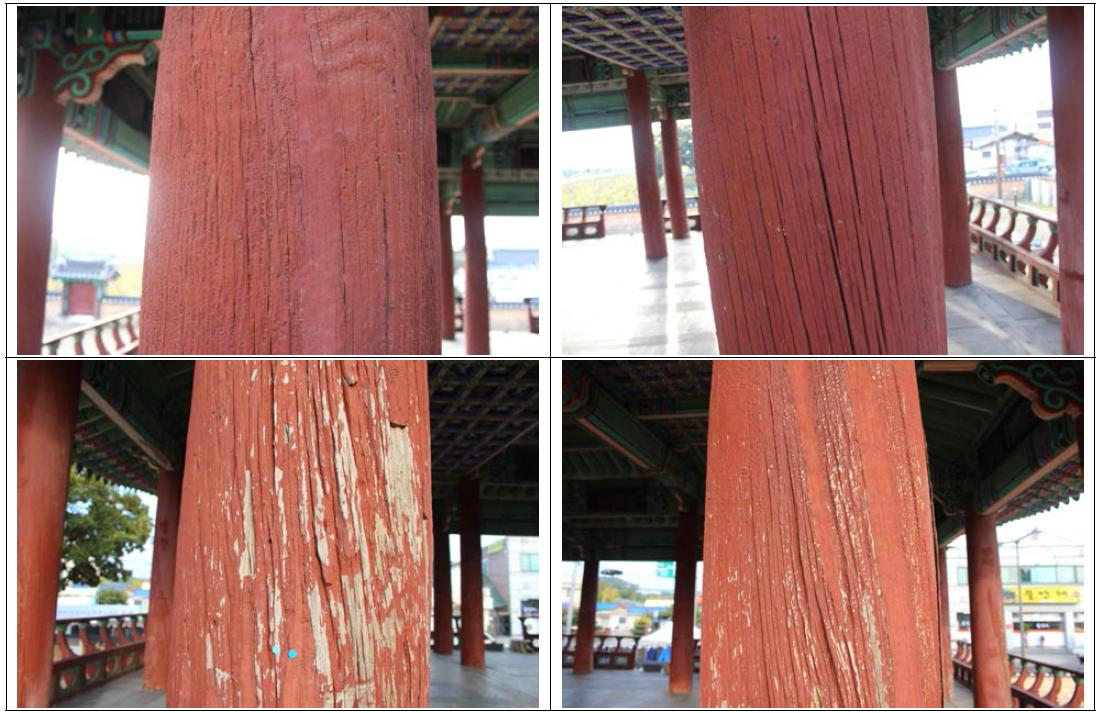 After flame retardant on pillars of Pihyangjeong Pavilion(up: front, down: back).