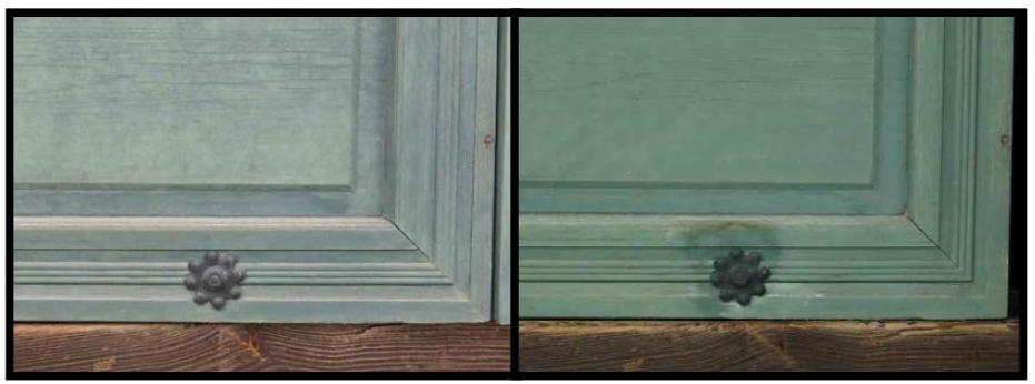 Whitening and stain on surface of 2nd door (left :before, right : after).