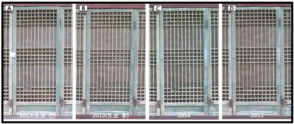 Before and After flame retardant application change of each year on back left door of Bogwangjeon in Soongrimsa-temple (2013~2015).