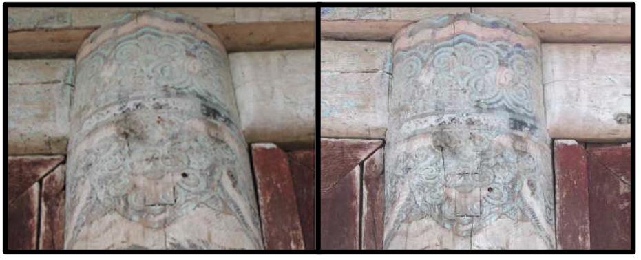 Comparison between before and after of flame retardant on 2nd pillar of Geukrakjeon in Muryangsa (left :before, right : after).