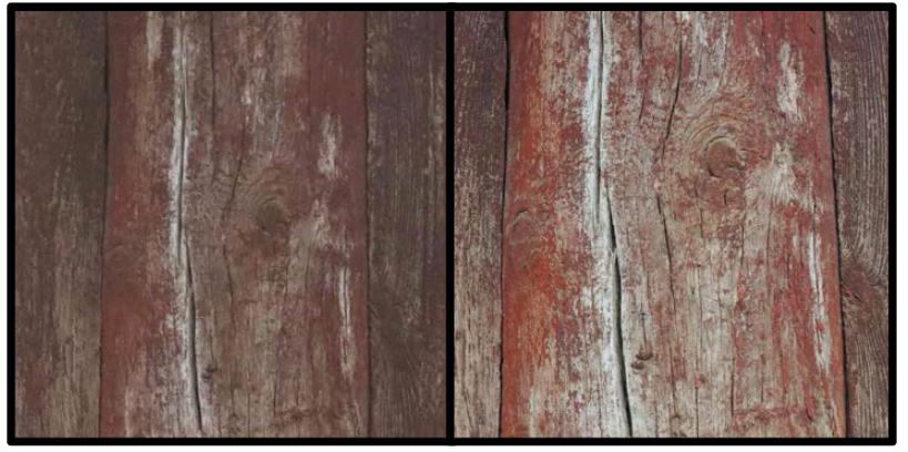 Comparison between before and after of flame retardant on surface of 6th pillar of Geukrakjeon in Muryangsa (left :before, right : after).