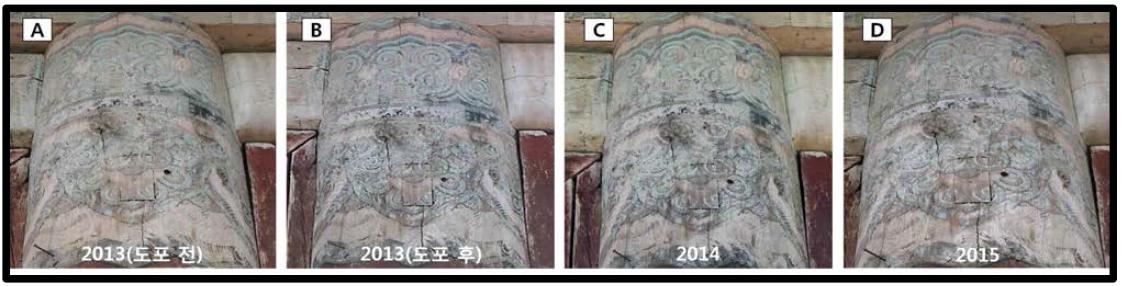 Comparison between before and after of flame retardant on 2nd pillar of Geukrakjeon in Muryangsa(2013~2015).