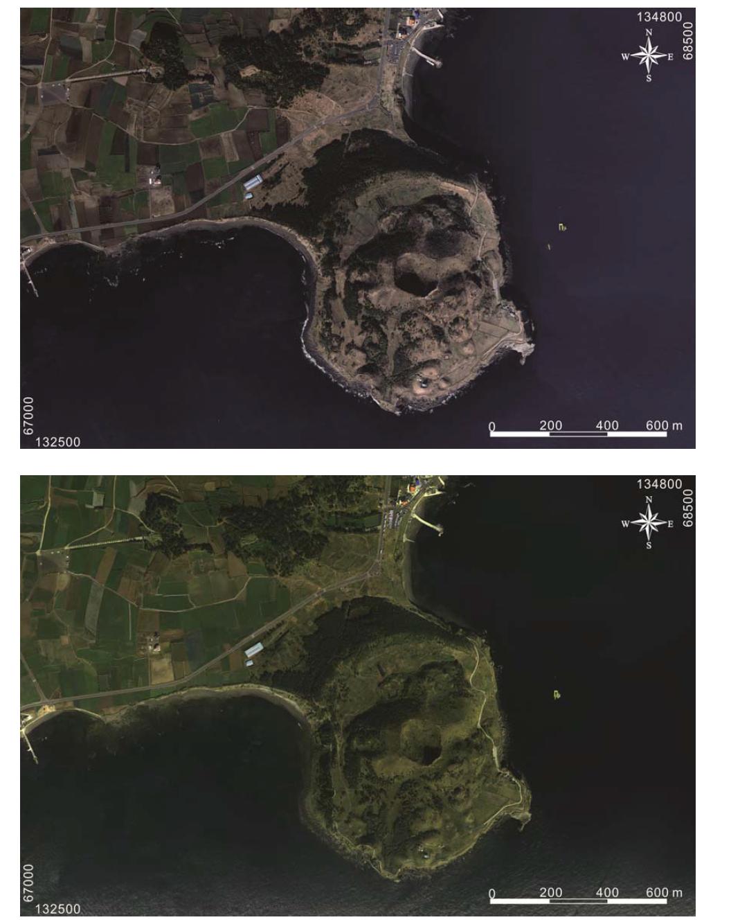 2회에 걸쳐 디지털 항공촬영에 의해 제작된 송악산 해안의 정사영상