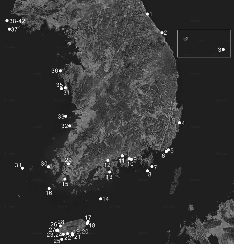 국내 해안지대 천연기념물(지형 및 지질유산)의 분포 위치도