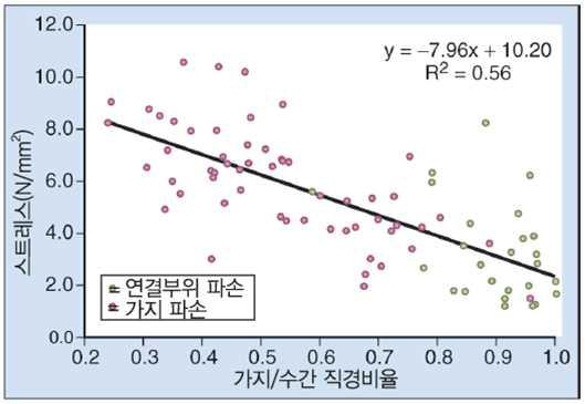 직경비율에 따른 연결부위 파손(Gilman, 2003)