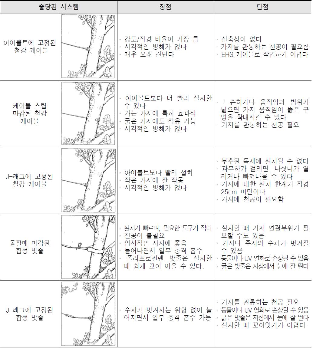 전통적인 줄당김 시스템 비교 (Smiley와 Lilly, 2014)