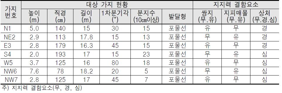 대상가지 현황 및 지지력 결함 요소표(Target branch status and bearing capacity defective component table)