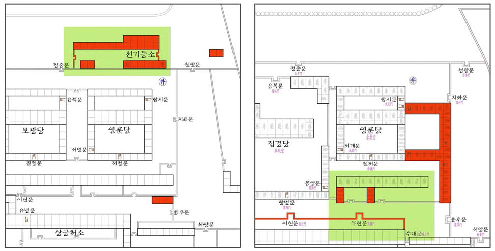 「景福宮配置圖」 (좌)와 「北關圖形」 (우)의 조사구역 차이점