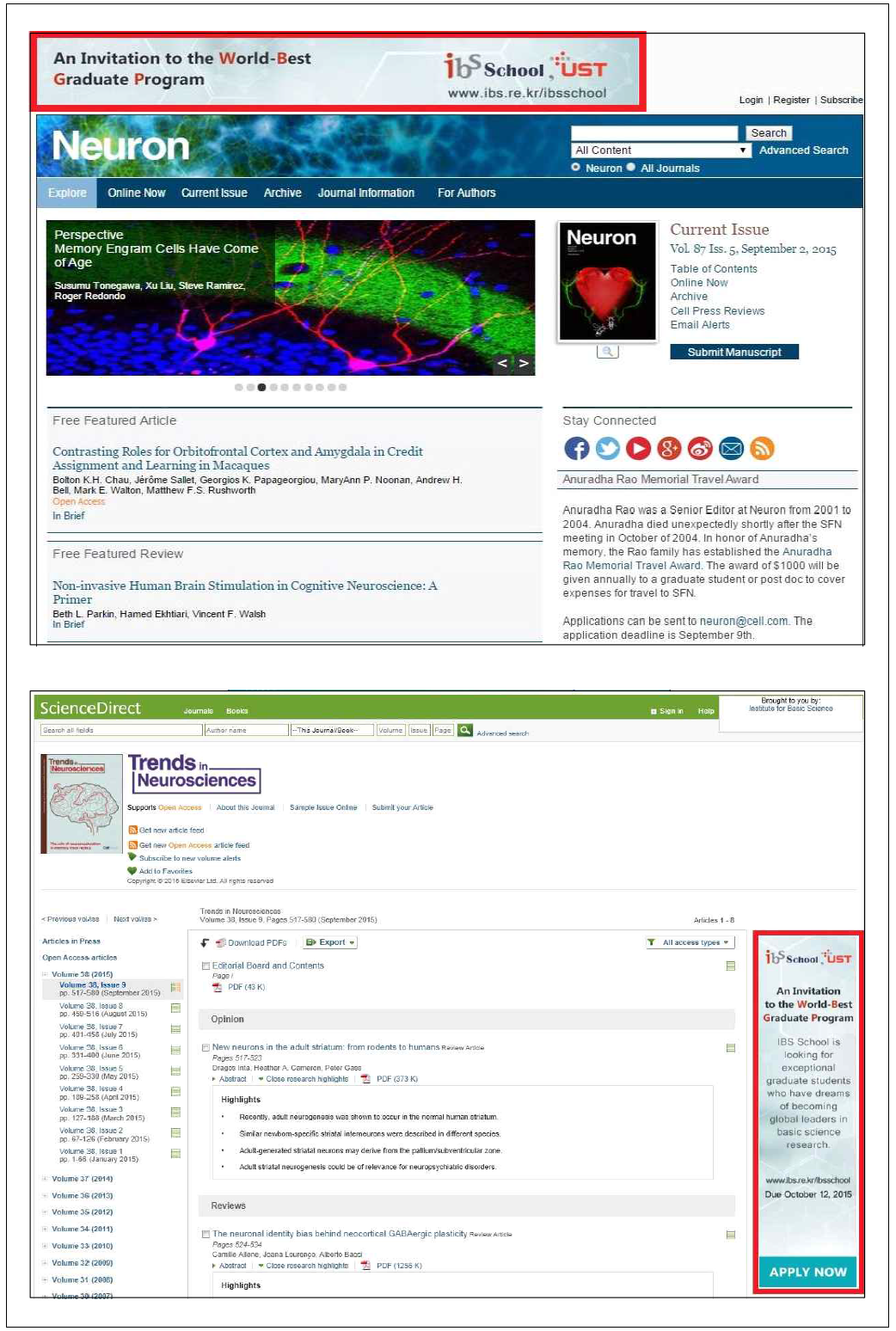 Cell(Neuron) 및 ScienceDirect 배너광고