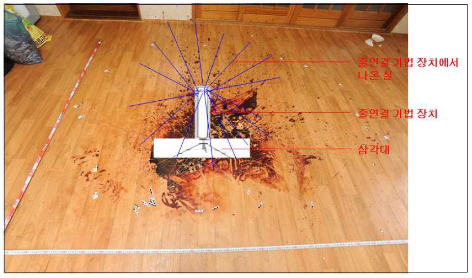바닥에 형성된 충격비산혈흔의 발혈부위를 추정하는 도식도