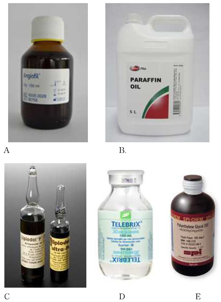 a. Angiofil b. 지용성 조영제와 혼합하여 사용하는 파라핀 오일 c. 리피오돌 d. 수용성 조영제 e. 수용성 조영제와 혼합하여 조영제의 혈관외 누출을 방지하는 폴리에틸렌 글리콜 .