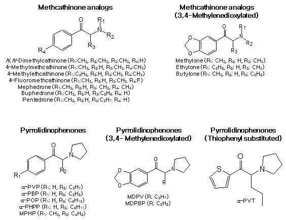 Synthetic cathinones and their analogs identified in the materials requested for forensic identifications from 2009 to Nov. 2016.