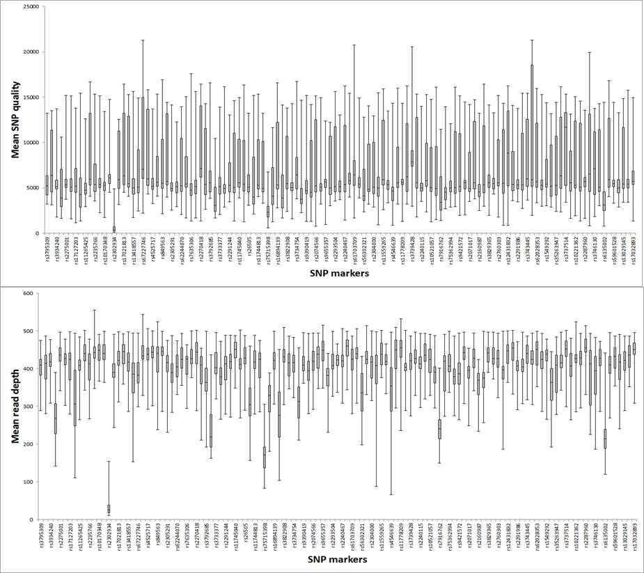 Target sequencing을 수행하였을 때 나타난 한국인 특이적 SNP 별 quality 및 read depth의 분포도 비교.