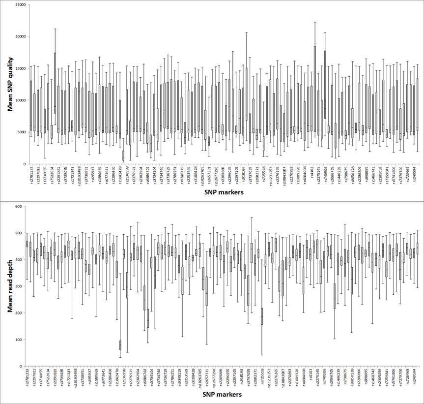 Target sequencing을 수행하였을 때 나타난 global common SNP 별 quality 및 read depth의 분포도 비교.