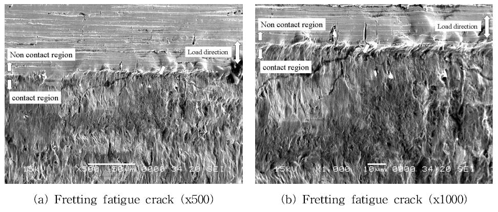 Fretting fatigue crack nucleation site on the contact surface (at λ=1.3, N= 1×107 cycles)