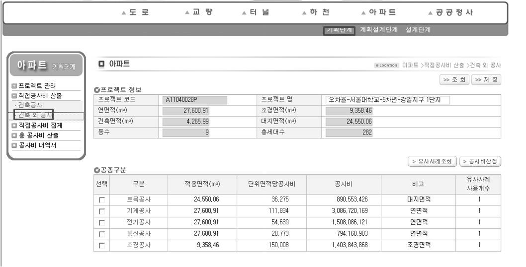 공공아파트 기획단계 공사비 산정시스템 건축 외 공사 직접공사비 산출 화면