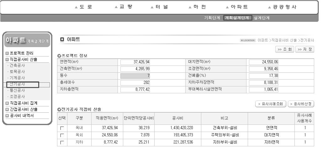 공공아파트 계획설계단계 공사비 산정시스템 전기공사 직접공사비 산출 화면