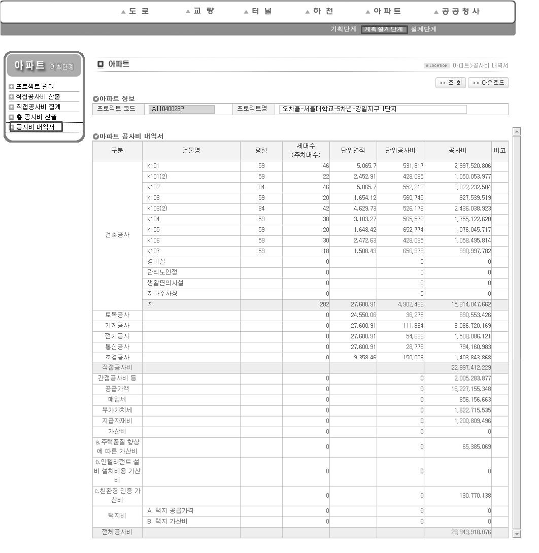 공공아파트 계획설계단계 공사비 산정시스템 공사비내역서 화면