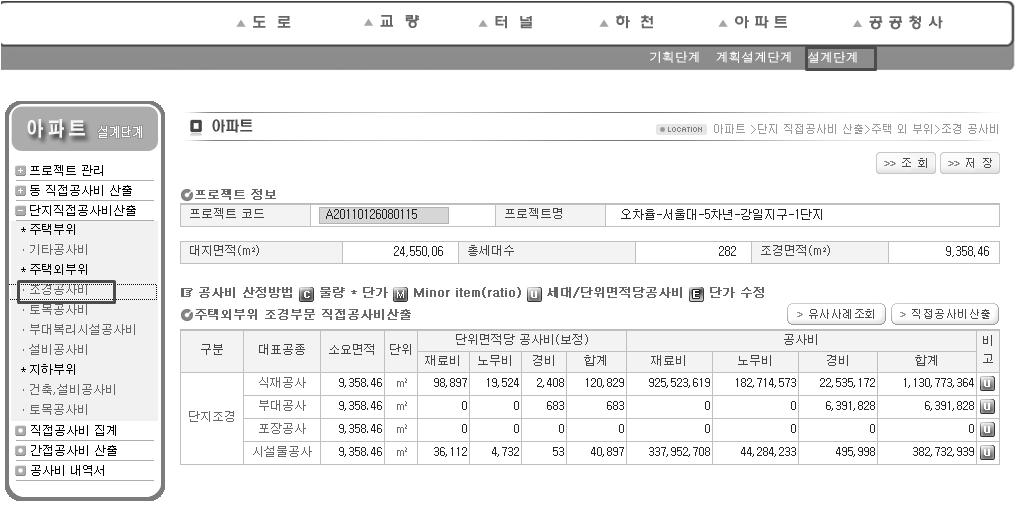 공공아파트 기본설계단계 공사비 산정시스템 주택외부위 조경공사비 산출 화면