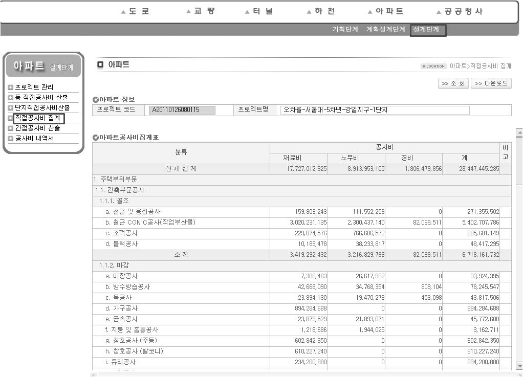 공공아파트 기본설계단계 공사비 산정시스템 직접공사비 집계 화면