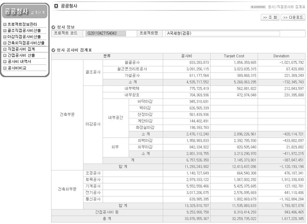 공공청사 기본설계단계 공사비 산정시스템 직접공사비 집계 화면