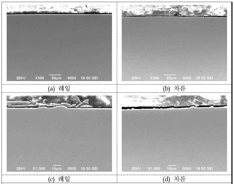 SEM Micrograph 레일피로균열 (코팅레일(CM), 1500MPa, 45만회)