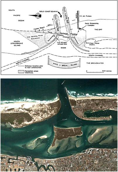 호주 퀸스랜드주 Nerang강 하구의 대규모 우회양빈(sand by passing)장치 배치도 및 현지 항공사진