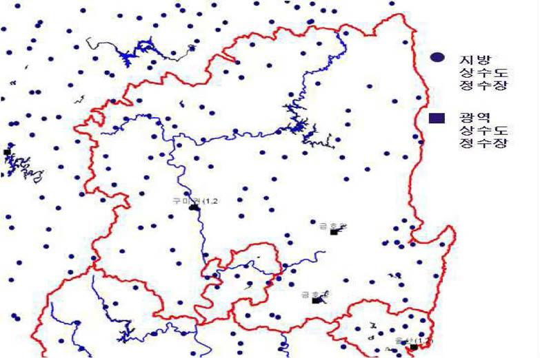 대구경북 지역내 지방 및 광역상수도 정수장 위치도