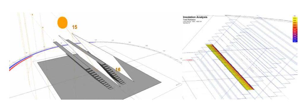 시뮬레이션 모델링 개요도(좌),동절기 생육공간 일사량 시뮬레이션 결과 ECOTECT(우)