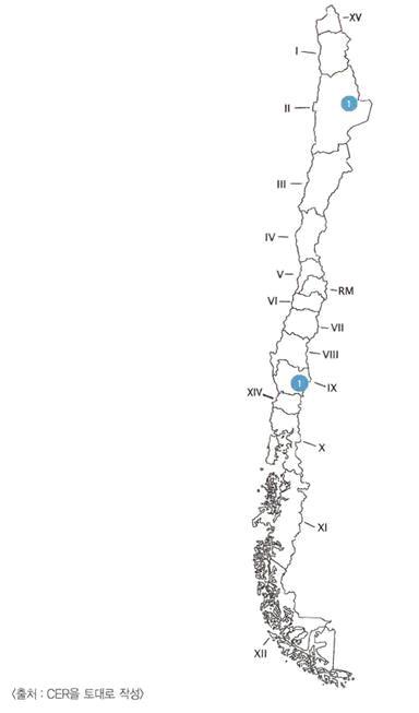 칠레 지역별 지열 프로젝트 수