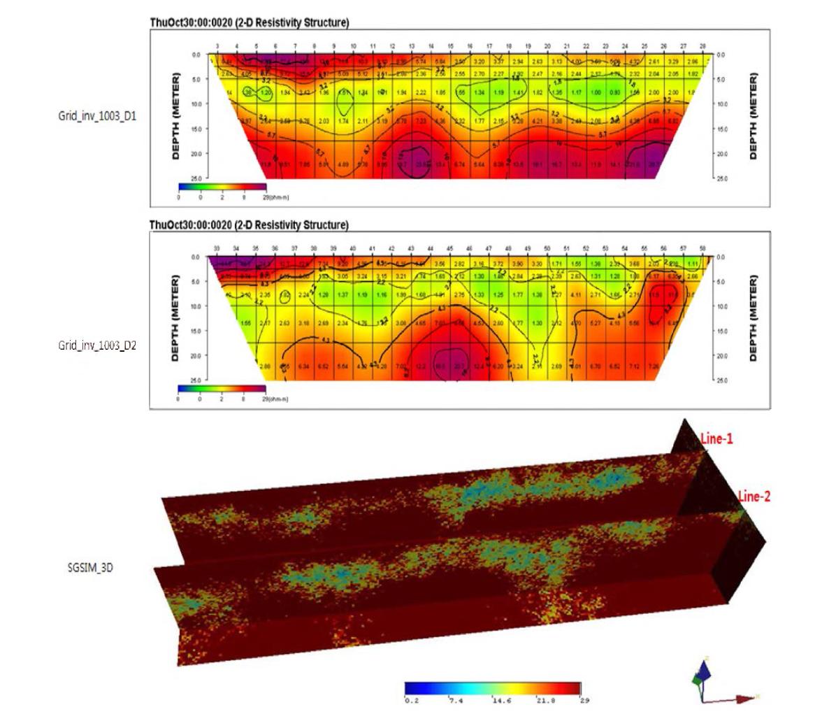 10월 03일의 역산 결과 단면 (Line 1, 2) 및 3차원 SGSIM 결과