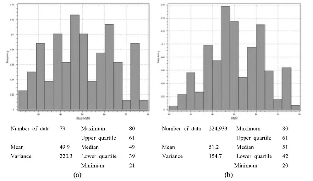 시추공에서 획득한 RMR 값과 본 연구에서 제안한 알고리듬을 이용하여 추정한 RMR 값의 분포를 분석하기 위해 작성한 히스토그램