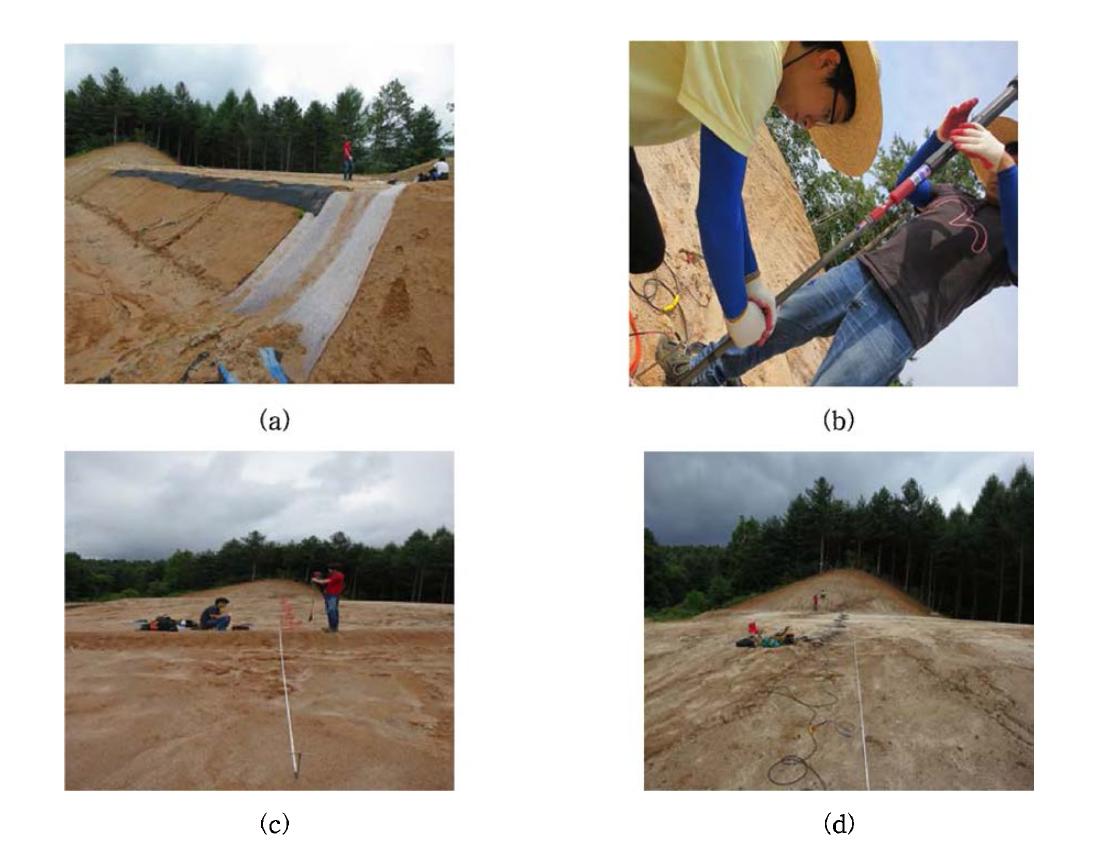 현장 사진, (a) 측선 위치，(b) 간이오우거사용 시료 채취，(c) 전기비저항 탐사，(d) 탄성파 굴절법 탐사