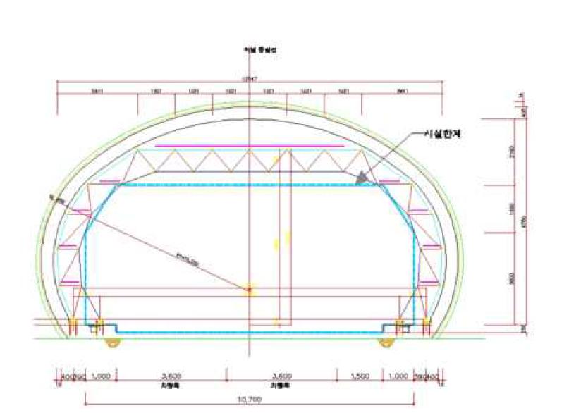 도로터널(2차선) 단면도: 시설한계(파란 점선)