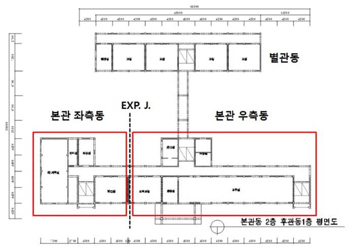 대상건물의 평면도(본관동 2층 및 후관동 1층)