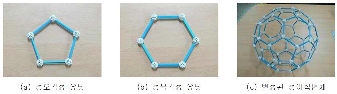 변형된 정20면체(Icosahedron)의 오각형 및 육각형 유닛