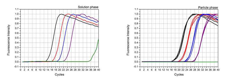 액상과 입자 기반의 농도별 qPCR 그래프.