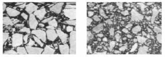 SMA(왼쪽)와 일반 밀입도(오른쪽) 혼합물의 비교(Wikipedia 2011)