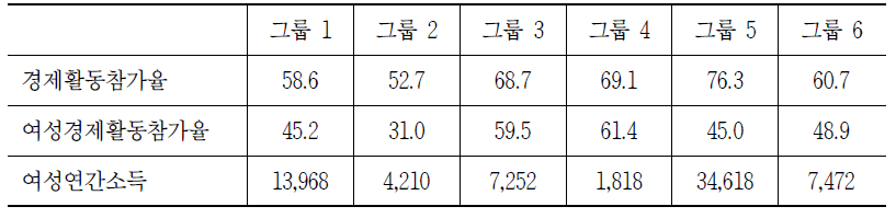 그룹별 여성의 경제활동 및 소득 비교