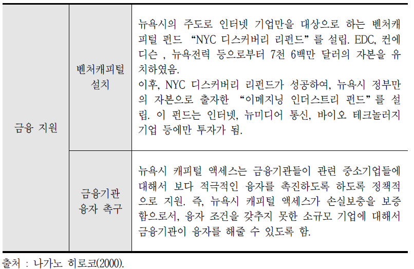 뉴욕 실리콘앨리 클러스터 조성 시 정부의 간접적 금융지원 방안