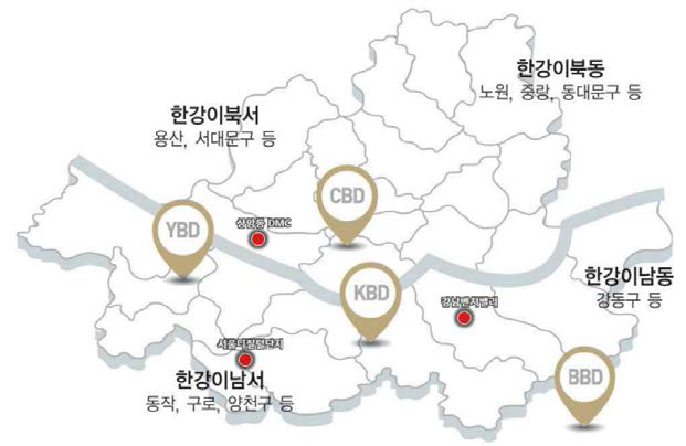 서울시 도시기능에 따른 권역 분포