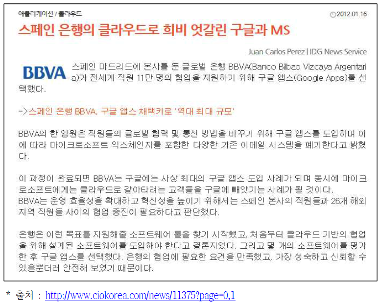 스페인 BBVA 은행 구글 클라우드 구글 앱스 도입