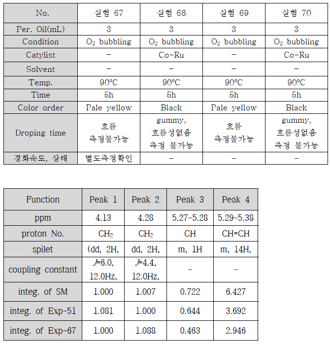 산소 주입하의 개략적인 실험조건들