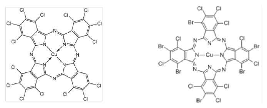 Pigment Green 7의 구조식(좌)과 Pigment Green 36의 구조식(우)