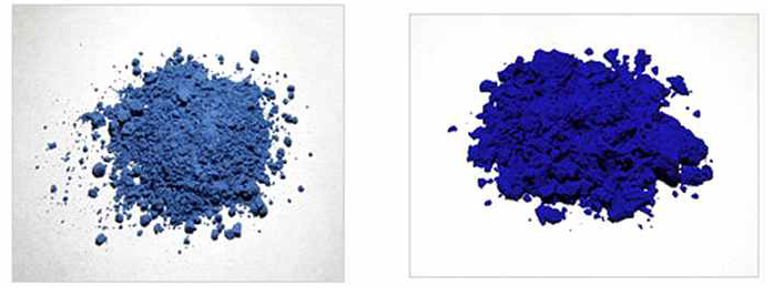 천연Ultramarin Blue(좌)과 합성 Ultramarin Blue(우)의 색상 비교