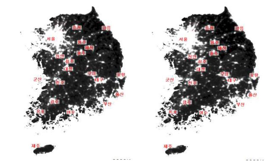 2000년과 2009년 대한민국 빛공해 위성영상지도