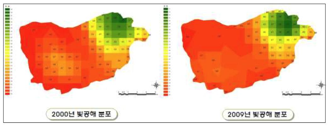 2000년과 2009년 경기도 의정부시 빛공해 분포도