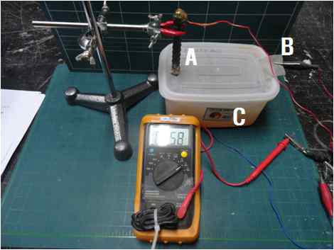 갈바닉 전류 측정 set-up (A: FRP Hybrid Bar, B: Titanium Mesh, C: Exposure Solution)